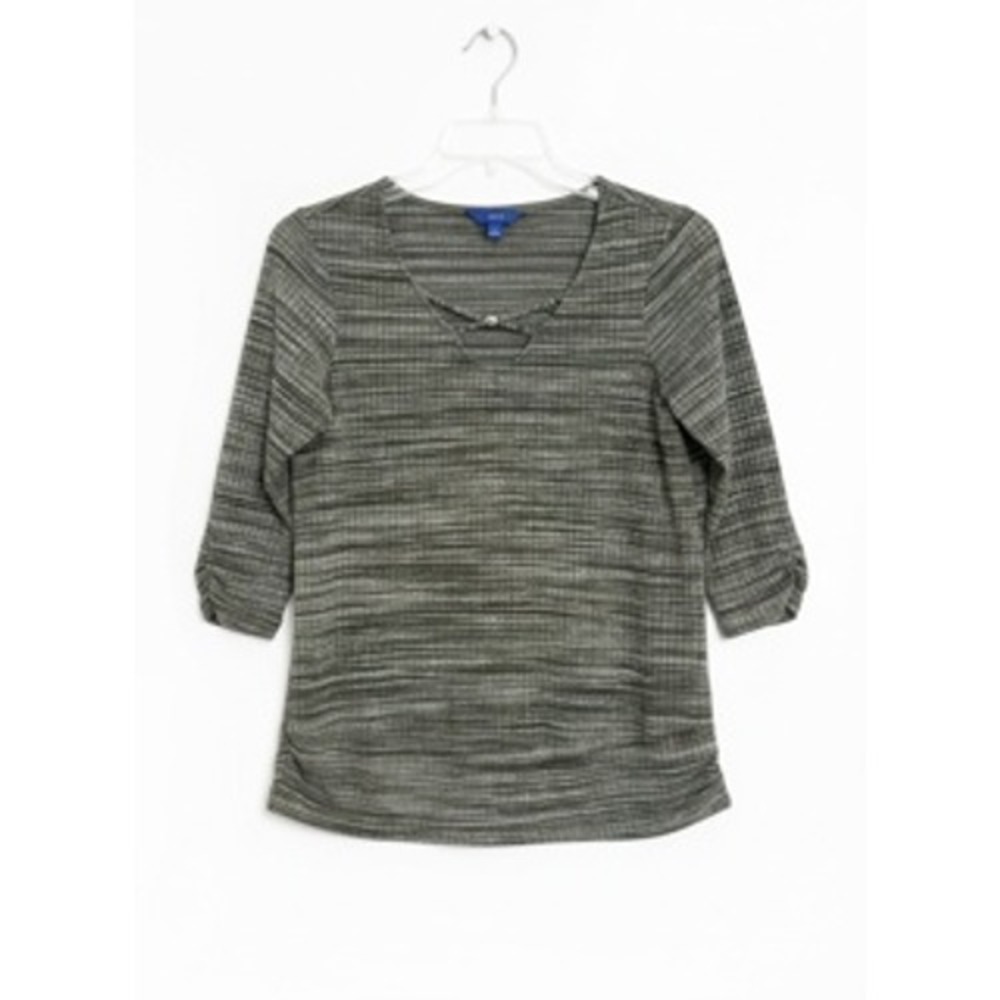 Apt. 9 Women Olive Space Dye Ribbed 3/4 Sleeve Ruched V-Neck Top Size Small